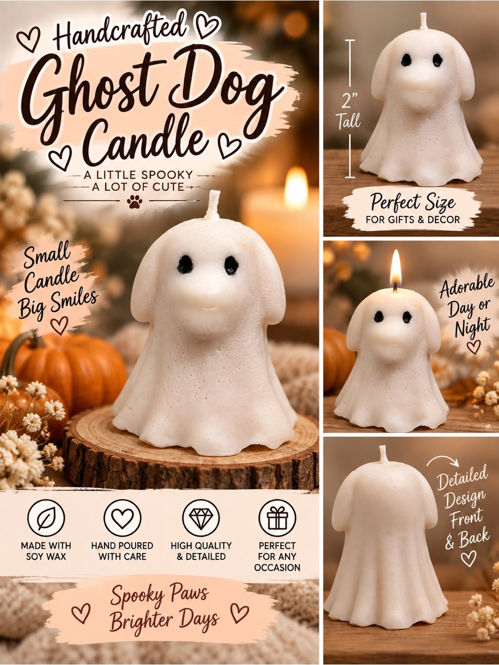 Handmade Ghost Dog Candle | 2 Inch Halloween Decor | Cute Fall Gift Soy Candle